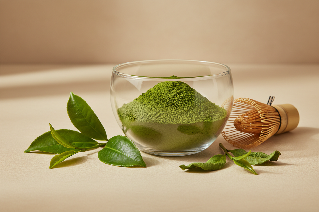 un'immagine che rappresenti l'estratto di tè matcha con un sfondo neutro che si abbini al sito